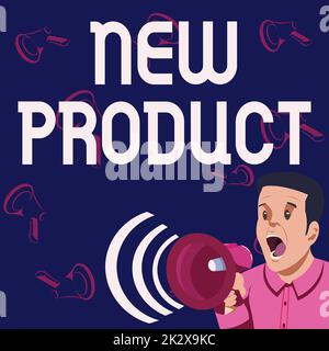 Cartello che mostra il nuovo prodotto. Beni e servizi fotografici concettuali che differiscono nelle loro caratteristiche uomo d'affari che parla attraverso Megaphone rendendo meraviglioso nuovo annuncio Foto Stock