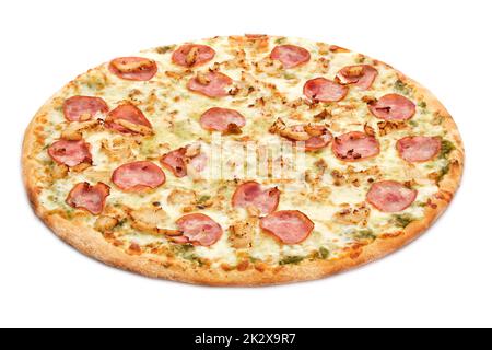 Pizza originale classica italiana fresca isolata su sfondo bianco. Foto Stock