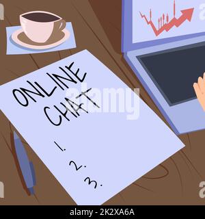 Firma la visualizzazione della chat online. Approccio aziendale parlare con un amico o qualcuno attraverso internet e PC telefono portatile riposo accanto tazza caffè e foglio semplice che mostra il processo di lavoro. Foto Stock