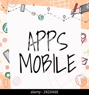 Ispirazione che mostra Sign Apps Mobile. Internet Concept computer programma progettato per l'esecuzione su telefono portatile dispositivo Plain Whiteboard con mano disegno Guida linea per passi su mondo Globe. Foto Stock