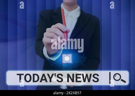 Presentazione concettuale oggi News. Internet Concept Ultime Notizie Breaking aggiornamenti attuali tendenza Lady premendo schermo del telefono cellulare che mostra la tecnologia futuristica Foto Stock