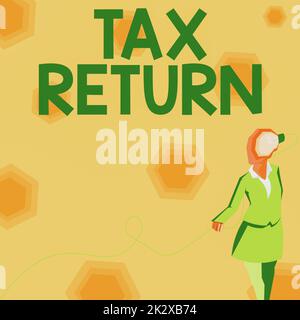 Scrittura con testo dichiarazione dei redditi. Concetto di business che il contribuente fa il conto annuale delle circostanze di reddito la signora che indossa il vestito con una testa piena di idee rappresentate da una lampadina. Foto Stock