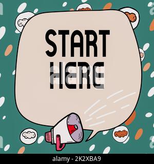 La visualizzazione del segnale inizia qui. Parola per dire a qualcuno questo è il punto di inizio per andare da a frame di destinazione coperto con simboli vocali visualizza gli altoparlanti che fanno annunci. Foto Stock