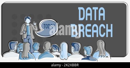Violazione concettuale dei dati di visualizzazione. Business showcase Security Incident dove le informazioni protette sensibili hanno copiato la persona che presenta le più recenti strategie aziendali. Foto Stock