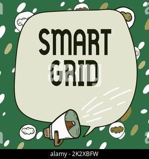 Simbolo di scrittura a mano Smart Grid. L'idea di business comprende misure operative ed energetiche, tra cui metri quadro coperto con simboli vocali visualizza gli altoparlanti fare annunci. Foto Stock