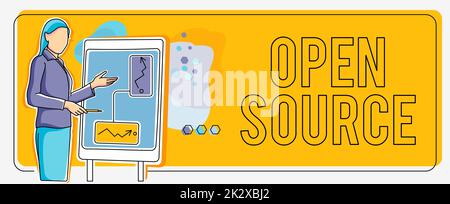 Testo che mostra l'ispirazione Open Source. Idea di business che denota il software che il codice sorgente originale è liberamente disponibile Lady in piedi sfondo anteriore che tiene la presentazione raggiungere gli obiettivi del progetto. Foto Stock