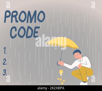 Didascalia di testo che presenta il codice promozionale. Business vetrina numeri digitali che ti danno un buon sconto su alcuni prodotti Gentleman Holding ombrello Growing Flower Presentazione nuove idee progetto. Foto Stock