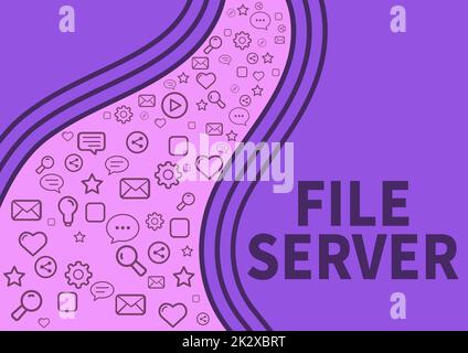 Firma che visualizza il file server. Dispositivo di Business idea che controlla l'accesso ai dati memorizzati separatamente icone che simboleggiano la comunicazione online colleghi che raggiungono il lavoro di squadra. Foto Stock