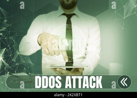 Firma scritta a mano attacco DDoS. Business Concept perpetator cerca di rendere le risorse di rete non disponibili uomo d'affari che punta verso il basso tablet rappresenta un pensiero innovativo globale. Foto Stock