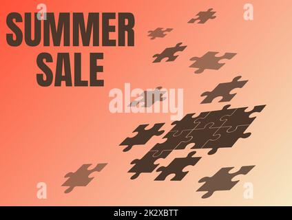 Cartello con la scritta Summer sale. Business showcase Eventi di sconto annuale che si svolge durante la stagione estiva Jigsaw puzzle pezzi che si fondono insieme simbolizzando la realizzazione di nuove idee. Foto Stock