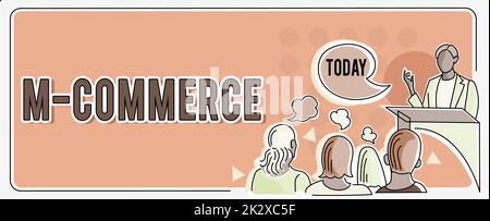 Testo che mostra Inspiration M Commerce. Word per le transazioni commerciali condotte elettronicamente da una persona di telefonia mobile che tiene una presentazione che mostra le più recenti strategie di progetto. Foto Stock