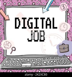 Didascalia concettuale Digital Job. Vetrina di affari ottenga l'operazione pagata fatta attraverso il Internet ed il calcolatore personale Poster decorato con i simboli monetari che visualizzano la puntualità dei impiegati. Foto Stock