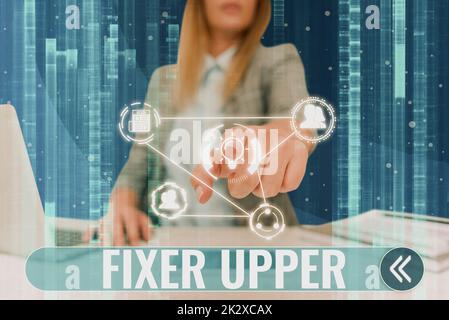 Legenda concettuale Fixer superiore. Internet Concept house in need of repairing utilizzato principalmente in connessione con l'acquisto Lady in Suit punta dito rappresenta un pensiero globale innovativo. Foto Stock