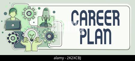 Piano di carriera per la visualizzazione concettuale. Concetto di Internet processo in corso in cui esplorare i vostri interessi e abilità mani tenuta lampada Rocket con l'uomo d'affari presentando nuove idee Startups Foto Stock