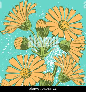 Attraente organizzato mazzo di fiori.disegnato giallo Chrysanthemum fiori illustrazione vettore artistico. Ornamento floreale botanico di nozze disegno trendy di modello con acquerello spray su sfondo ciano Foto Stock