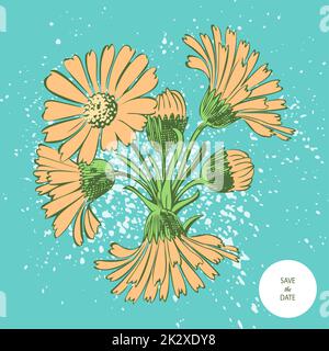 Attraente organizzato mazzo di fiori.disegnato giallo Chrysanthemum fiori illustrazione vettore artistico. Ornamento floreale botanico di nozze disegno trendy di modello con acquerello spray su sfondo ciano Foto Stock