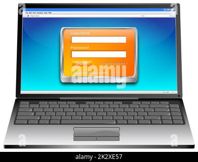 Computer portatile con schermata di accesso arancione sul desktop blu - illustrazione 3D Foto Stock