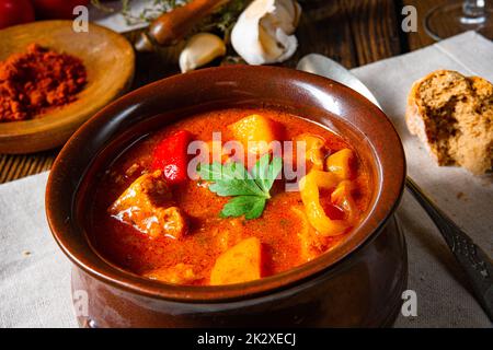 Zuppa di gulasch ungherese in un calderone o in una pentola Foto Stock