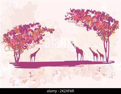 Grunge background con la giraffa silhouette su africana di fauna e flora selvatiche Foto Stock