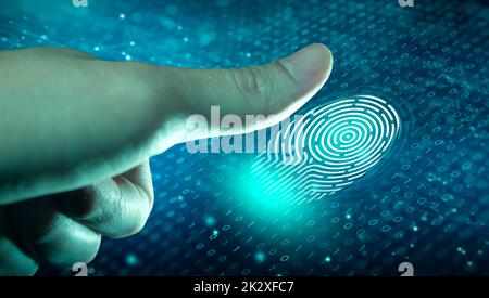 La scansione delle impronte digitali consente l'accesso con l'identificazione biometrica. Concetto di tecnologia, sicurezza e identificazione. Foto Stock