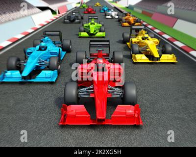 Auto da corsa senza marchio sul circuito di gara. Illustrazione 3D Foto Stock