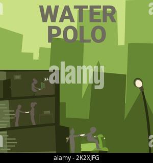 Writing testo Water Polo. Internet Concept sport competitivo di squadra giocato in acqua tra due squadre Office Building con grattacieli disegno che mostra City Skyline. Foto Stock