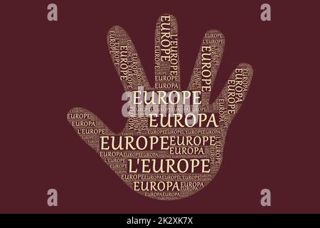 Le parole 'Europa, Europa, l'Europa, ' come Word Art, Word Cloud, Tag Cloud in diverse lingue con Copy Space. Foto Stock