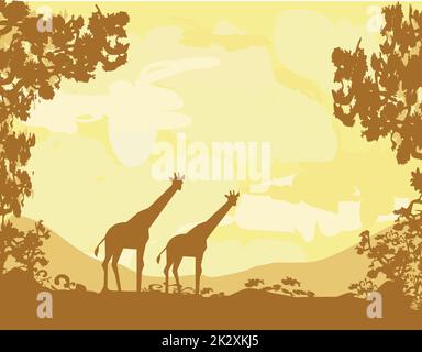 Grunge background con la giraffa silhouette su africana di fauna e flora selvatiche Foto Stock