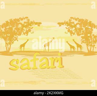 Grunge background con la giraffa silhouette su africana di fauna e flora selvatiche Foto Stock