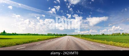 Vista panoramica della curva asfaltata strada in primavera in natura. Foto Stock