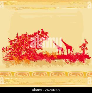 Grunge background con la giraffa silhouette su africana di fauna e flora selvatiche Foto Stock