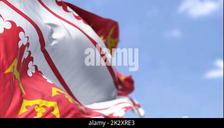 Vista posteriore della bandiera alsaziana che ondola nel vento in una giornata limpida Foto Stock