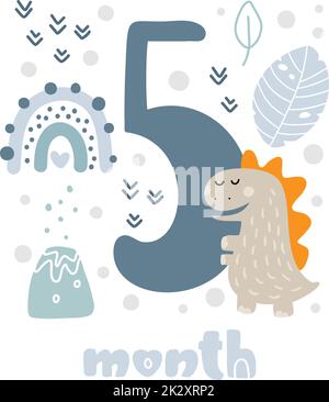 5 metriche di carta per l'anniversario di un bambino di cinque mesi. Baby shower stampa con carino dinosauro animale, fiori e palma cattura tutti i momenti speciali. Bambino Illustrazione Vettoriale