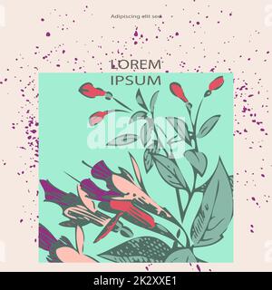 Mazzo di fiori rosa su bacground bianco ciano con piatto viola. Fiori di fucsia disegnati, illustrazione vettoriale artistica. Motivo floreale botanico alla moda, design grafico Foto Stock