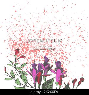 Attraente bordo mazzo di fiori su bianco bacground con spruzzi rosa. Fiori di fucsia disegnati, illustrazione vettoriale artistica. Motivo floreale botanico alla moda, design grafico. Colori verdi Foto Stock