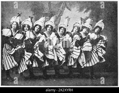 La popolare troupe da ballo - Tiller Girls, 1899, Londra. Illustrazione del 19 ° secolo. Sfondo bianco. Foto Stock