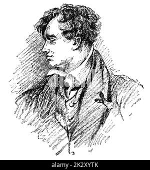 Ritratto di Lord Byron - un collega britannico, che era un poeta e politico. Illustrazione del 19 ° secolo. Sfondo bianco. Foto Stock