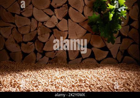 Pellet di legno e combustibile alla luce del sole Foto Stock