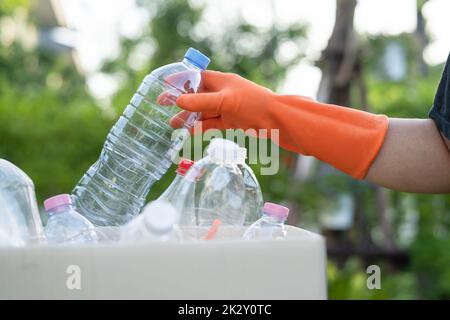 Donna asiatica volontario trasportare bottiglie di plastica di acqua in spazzatura scatola rifiuti in parco, riciclare ambiente ecologia concetto. Foto Stock