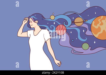 Donna con universo disegnare sui capelli Foto Stock