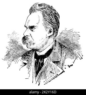 Ritratto di Friedrich Wilhelm Nietzsche - filosofo, critico culturale, compositore, poeta, scrittore e filologo tedesco. Illustrazione del 19 ° secolo. Germania. Sfondo bianco. Foto Stock