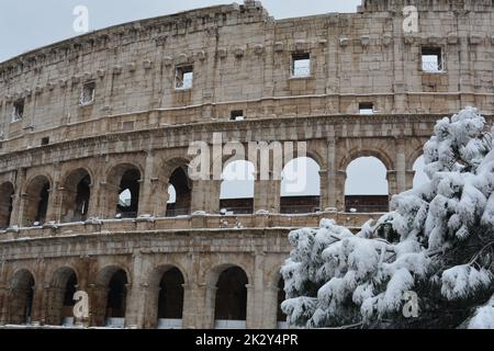 Colosseo al mattino mentre nevica Foto Stock