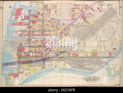 Cartografica, Mappe. 1907 - 1908. Lionel Pincus e la Principessa Firyal Map Division. Vampate (New York, N.Y.) Queens, Vol. 2, Double Page Plate No. 1; parte di Long Island City Ward One (parte di Old Ward 1) sottopiano; mappa delimitata da Pier St., River St., Front St., Newtown Creek.; parte di Long Island City Ward One (parte di Old Ward 1). Mappa delimitata da East River, West Ave., Vernon Ave., Jackson Ave., East Ave., Van Alst Ave., Ely Ave., Thomson Ave., Nott Ave., Borden Ave., Hunters Point Ave., Anable Ave., Duch Kill Creek, Newtown Creek; incluso Division St., 10th St., 9th St., 8th St., 7th St., 6th Foto Stock