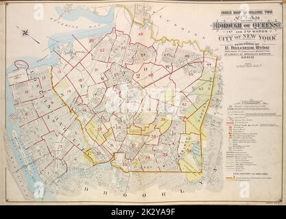 Cartografica, Mappe. 1907 - 1908. Lionel Pincus e la Principessa Firyal Map Division. Vampate (New York, N.Y.) Index Map to Vol. 2, Atlas of the Borough of Queens, 1st and 2nd Wards City of New York pubblicato da E. Belgher Hyde. 5 Beekman St. Temple Court Manhattan, 97 Liberty St. Brooklyn Borough. 1908 Foto Stock