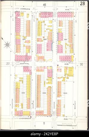 Cartografica, Mappe. 1884 - 1936. Lionel Pincus e la Principessa Firyal Map Division. Assicurazione antincendio , New York (Stato), Real Property , New York (Stato), Cities & Cities , New York (Stato) Brooklyn V. 9, Plate No. 28 Mappa delimitata da Hamburg Ave., Moffatt St., Evergreen Ave., Schaeffer St Foto Stock