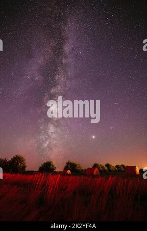 Tracce di Meteore sul cielo notturno. Natural Real Night Sky Stars con Via Lattea su Field Meadow dopo Harvest. Copia di sfondo colorata agricola Foto Stock