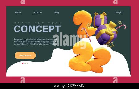 Vacanze invernali, Landing Page Template per la festa aziendale. I personaggi più piccoli celebrano il nuovo anno con un enorme ballo di 2022 numeri, bevendo champagne. Illustrazione vettoriale Illustrazione Vettoriale