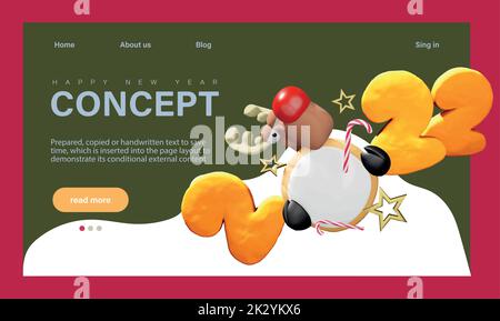 Vacanze invernali, Landing Page Template per la festa aziendale. I personaggi più piccoli celebrano il nuovo anno con un enorme ballo di 2022 numeri, bevendo champagne. Illustrazione vettoriale Illustrazione Vettoriale