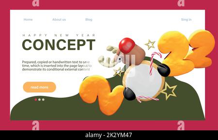 Vacanze invernali, Landing Page Template per la festa aziendale. I personaggi più piccoli celebrano il nuovo anno con un enorme ballo di 2022 numeri, bevendo champagne. Illustrazione vettoriale Illustrazione Vettoriale