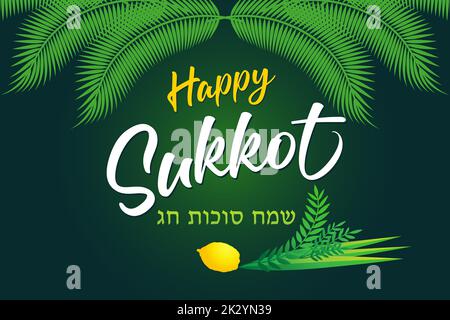 Happy Sukkot - testo in ebraico, biglietto di auguri ebraico. Illustrazione vettoriale disegnata a mano con sukkah, etrog, lulav, hadas, arava e sfondo decorativo Illustrazione Vettoriale